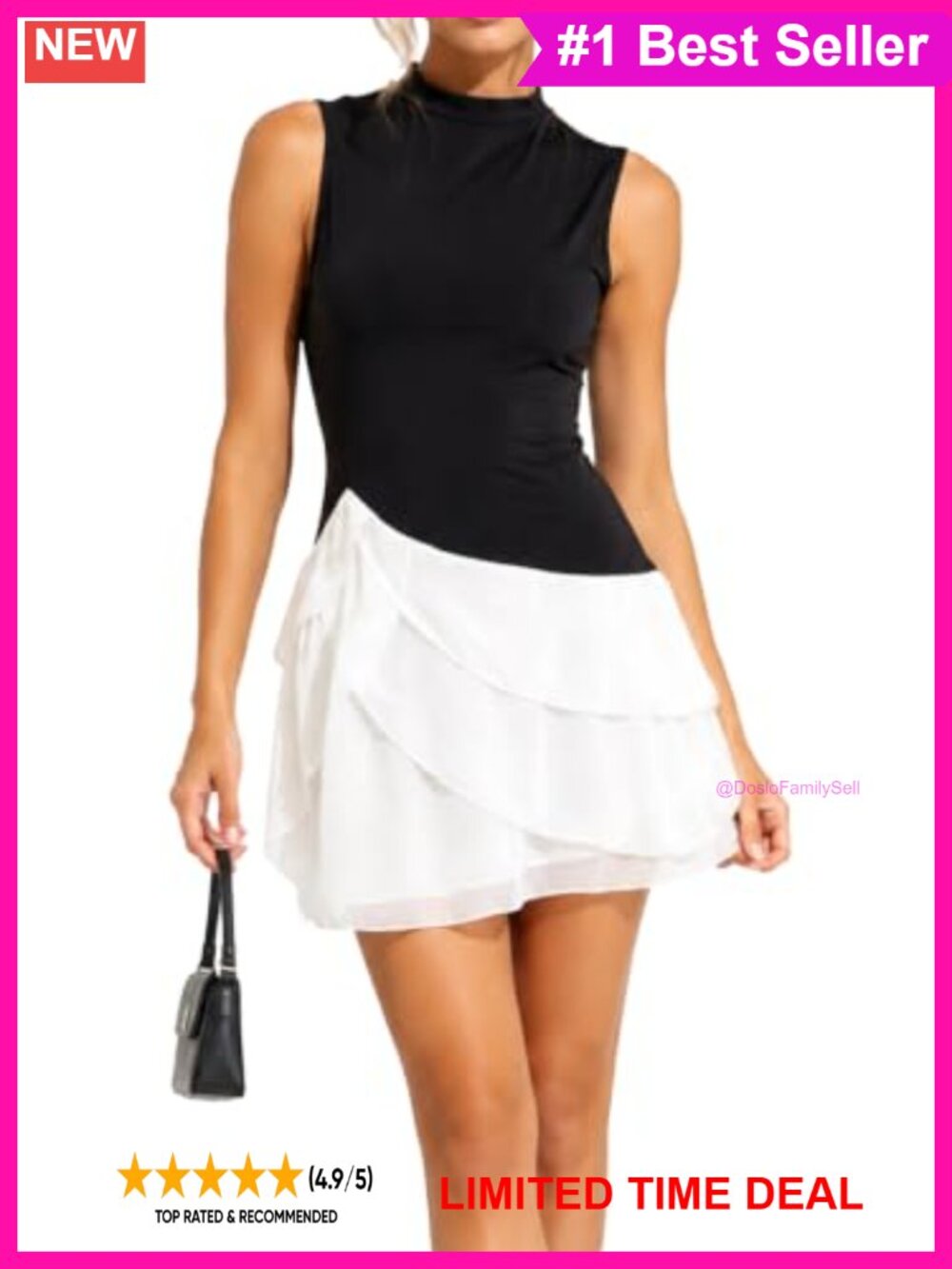 Women's Color Block Mini Dress Mock Neck Sleeveless Ruffle A-Line
